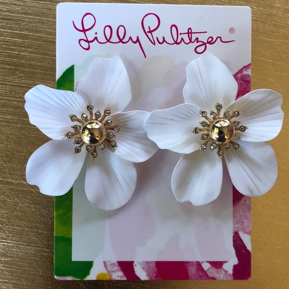 LILLY PULITZER EARRINGS ORCHID FLOWER🩷 Resort White/gold/Crystal⭐️Hot Style! - Picture 5 of 10